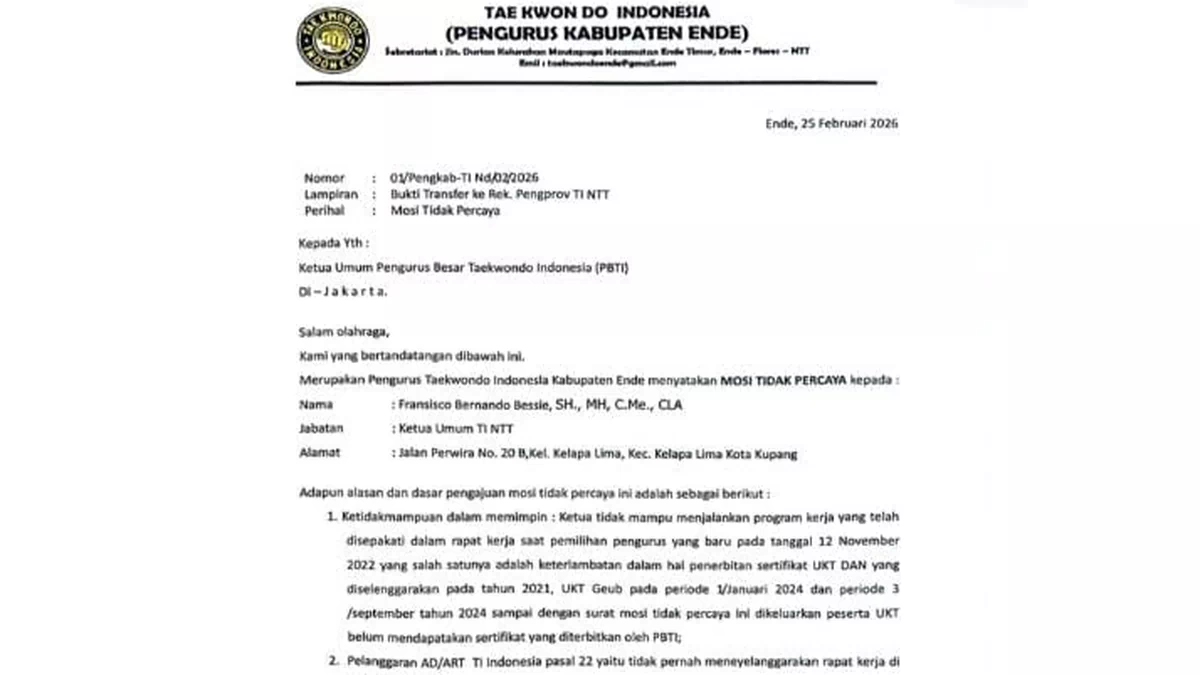 Surati PBTI, Pengcab TI Ende Mosi Tak Percaya Ketua TI NTT, Soroti UKT Hingga Gagalnya Prestasi PON