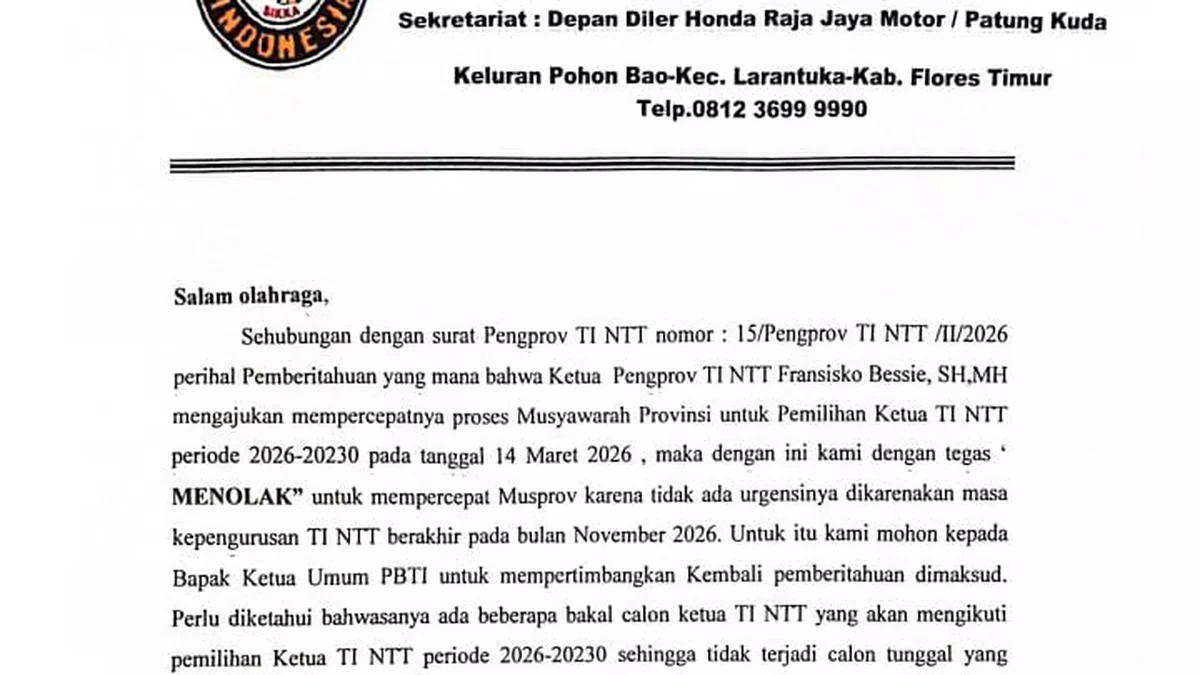 Pengcab TI Flores Timur Tolak Percepatan Musprov NTT, Dinilai Berpotensi Munculkan Calon Tunggal